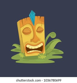 Funny cartoon tiki mask vector illustration. Tiki mask on grass. tropic