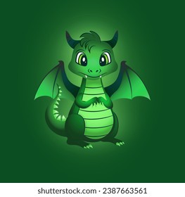 Funny cartoon tiny dragon character. China New Year of Dragon 2024 on green background. Isolated baby dragon with tail with spikes, with horns and claws vector illustration.
