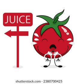 Сute funny cartoon tomato is crying because it is being held hostage and will be made into juice. Vector flat illustration isolated on white background.