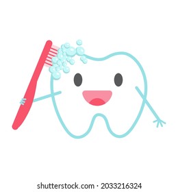 Funny cartoon tooth brushing itself with big red toothbrush. Happy smiling clean tooth character. Illustration for babies, kids and children. Print for book, magazine, dental clinic, hospital, school.