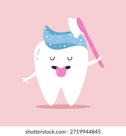 Funny Cartoon Tooth Character Brushing with Toothpaste. Adorable Vector Illustration.