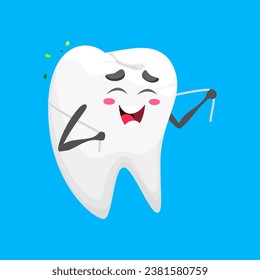 Funny cartoon tooth character with dental floss. Oral hygiene, molar tooth cleaning or teeth enamel health vector cute personage. Dental care and dentistry childish character or comical mascot