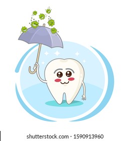 Funny cartoon tooth character holding umbrella protected from germs. Design for print, emblem, t-shirt, children's dentistry.