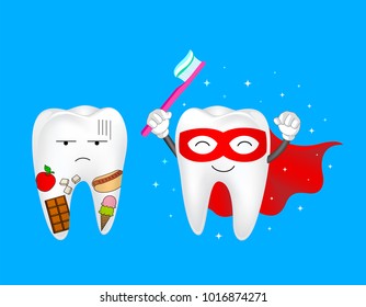 Funny cartoon tooth holding toothbrush. Tooth with food and Super tooth character, dental care concept. Illustration isolated on blue background.