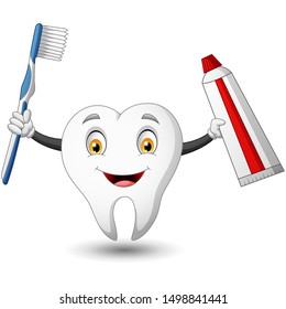 Funny cartoon tooth with toothbrush and toothpaste. vector illustration