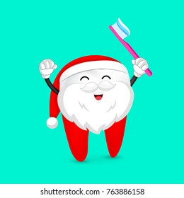Funny cartoon tooth wearing santa suit. Holding toothbrush with smiley face, dental care concept. Illustration isolated on green background.
