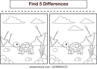 Funny cartoon tortoise. Find 5 differences. Kids Education games. Cartoon vector illustration