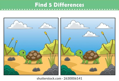 Funny cartoon tortoise. Find 5 differences. Kids Education games. Cartoon vector illustration