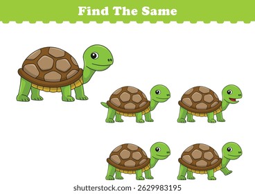 Tartaruga de desenho animado engraçado. Encontre as mesmas fotos. Jogo educacional para crianças. Ilustração de vetor de desenhos animados