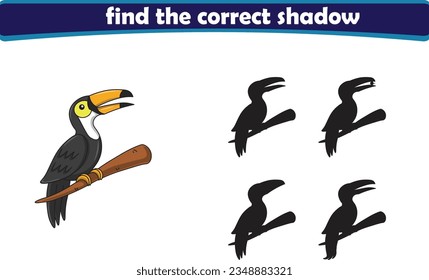 Funny cartoon toucan. find the correct shadow. Kids Education games. Cartoon vector illustration