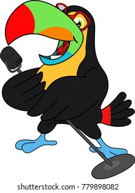 Funny cartoon toucan with microphone. Vector on white background.