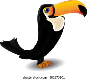 Funny cartoon toucan, Vector illustration of a Toucan, bird with big yellow beak isolated on a white background. Toucan icon. Proud toucan. Cute skinny isolated bird vector.