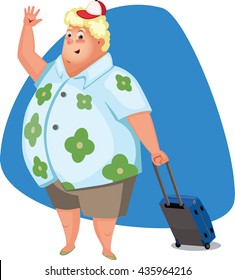 Funny  cartoon tourist with luggage. Character design - vector illustration