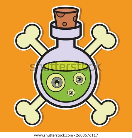 Funny cartoon toxic potion bottle with bones and green liquid, perfect for Halloween, stickers, games, and spooky graphic designs.