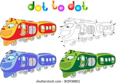 Funny cartoon train. Connect dots and get image. Educational game for kids. Vector illustration