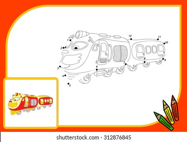 Funny cartoon train. Connect dots and get image. Educational game for kids. Vector illustration