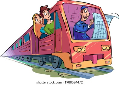 Funny cartoon train driver sits in the cab of the train and looks at the map. Train driver and passengers look out of the window.
