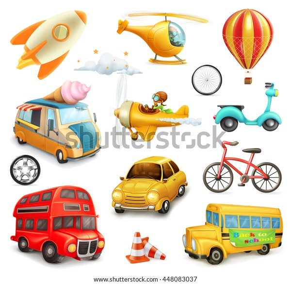Funny cartoon transportation, cars and airplanes\
set of vector icons