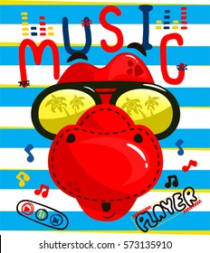 Funny cartoon t-rex head wearing sunglasses with music on striped background illustration vector.