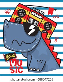 Funny cartoon t-rex holding boombox listen music on blue and white striped background illustration vector.