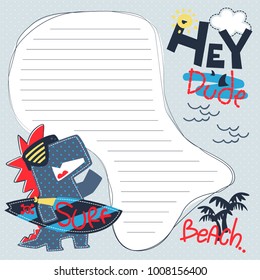 Funny cartoon t-rex holding surfboard on beach with note paper template vector.