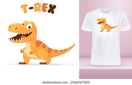 Funny Cartoon T-Rex Smiling, Playful Dinosaur Character Ideal for Kids Design and Print, Isolated Vector Character