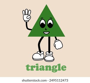 Funny cartoon triangle. Geometric Figures with face emotions, hands and legs. Different shapes. Comic elements in trendy retro cartoon style. Vector illustration