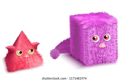 Funny cartoon triangle and rectangle monsters characters set. Realistic cute hair fur monster vector illustration.