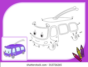 Funny cartoon trolleybus. Connect dots and get image. Educational game for kids. Vector illustration