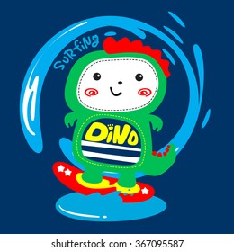 funny cartoon t-shirt graphic / surfing dinosaur on navy background vector.
