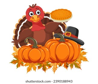 A funny cartoon turkey bird stands on the leaves next to the pumpkins in a pilgrim's hat and holds a pumpkin pie. Traditional american, canadian symbol of Happy Thanksgiving Day. Cute character.Vector