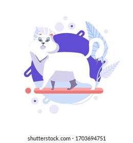 Funny cartoon Turkish Angora cat standing and looking for something. Honored character, glorious pet. Completed and isolated vector illustration.