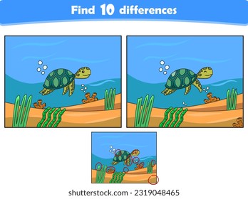 Funny cartoon turtle. Find 10 differences. Kids Education games. Cartoon vector illustration