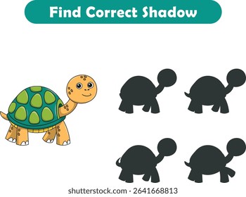 Funny cartoon turtle. find the correct shadow. Kids Education games. Cartoon vector illustration