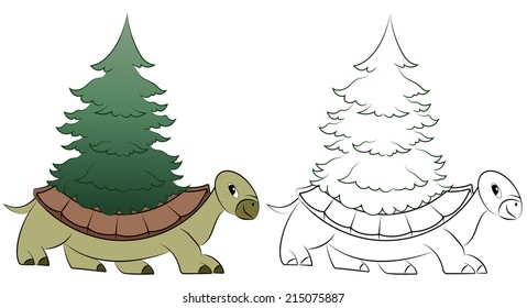 Funny cartoon turtle with fir tree on the shell
