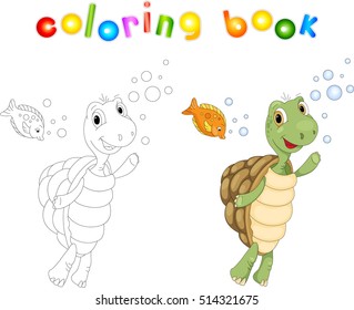 Funny cartoon turtle and fish in the sea. Coloring book for kids