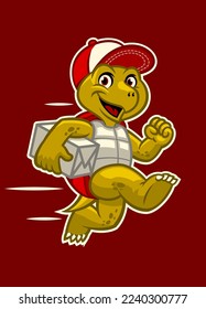 Funny Cartoon Turtle Mascot delivering the package