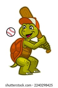 Graciosa mascota de la tortuga de caricatura que juega al béisbol