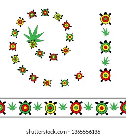 Funny cartoon turtles. Bright and colorful. Isolated on a transparent background. With hemp leaves.