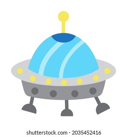 Funny cartoon UFO ship, vector illustration in flat style. Alien space ship. Plate form transport. Print design for fashion, label, wall art. Illustration for children clothes, patch or stickers. 