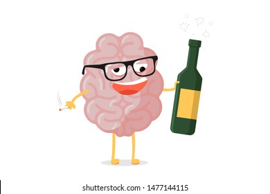 Funny cartoon unhealthy brain character. Ill drunk human anatomy internal organ mascot with alcohol bottle and cigarette. Vector illustration