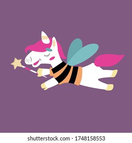 Funny cartoon unicorn in a bee costume with a magic wand