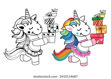 Funny cartoon unicorn carries boxes of birthday gifts on a white background. Coloring book for children. Kawaii style. Vector illustration