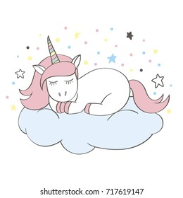 Funny cartoon unicorn character sleeping on a cloud isolated on white background. Fairy lovely pony. Children illustration. Doodle unicorn for cards, posters, t-shirt prints, textile design.