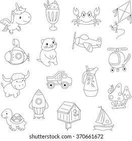 Funny cartoon unicorn, crab, kite, submarine, quokka, helicopter, mushroom, turtle, rocket. Coloring book for kids