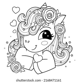 Funny cartoon unicorn with a heart. Black and white linear image. For coloring books design. prints, posters, stickers, postcards, etc. Vector