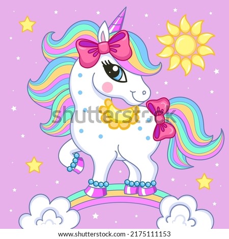Funny cartoon unicorn on a rainbow.Cute fantasy animal. For children's design of prints, posters. stickers, cards, badges, etc. Vector illustration