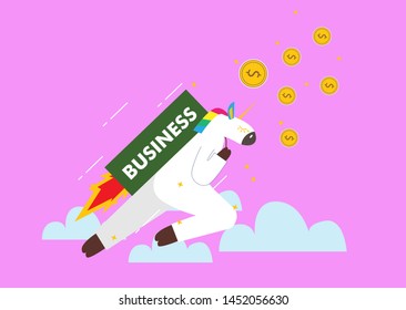 Funny cartoon unicorn on a rocket to get money. vector illustration