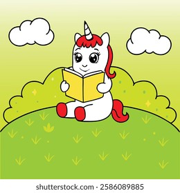 A funny cartoon unicorn reads a book illustration