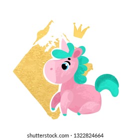 Funny Cartoon unicorn. Vector illustration, poster, card, print